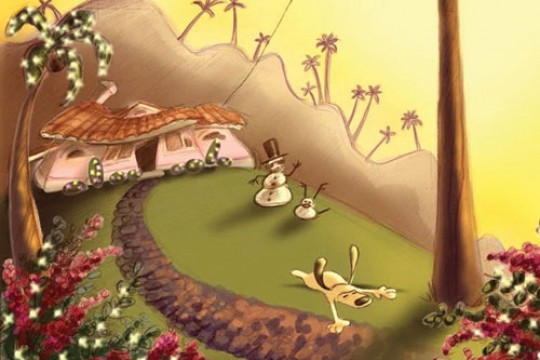 Cartoon image of a dog and two snowmen in front of house