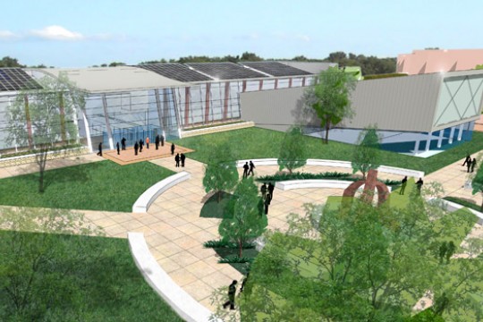 rendering of a glass building in front of a round courtyard.