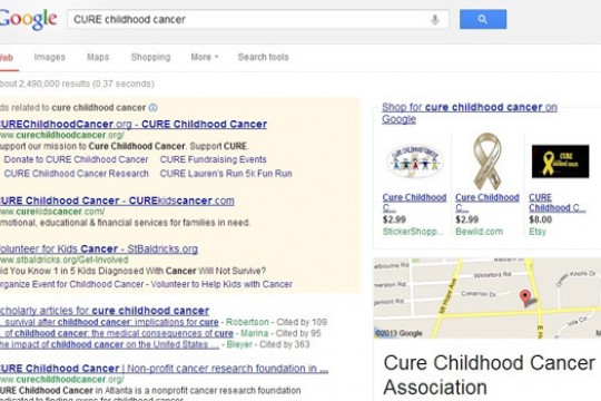 Picture of google results for "CURE childhood cancer"