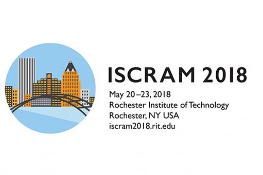A circular logo with buildings on the left, Information on ISCRAM to the right.