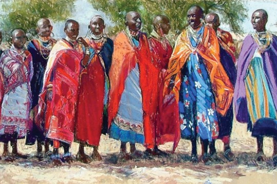 painting of people in Africa wearing colorful garments.