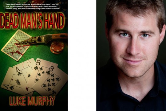 Book cover next to person posing