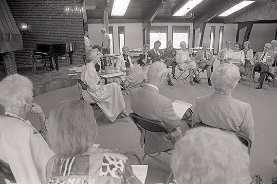 People gathered in classroom for class