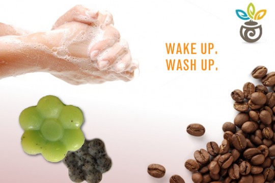 graphic with a person washing their hands, coffee beans, and decorative soaps.