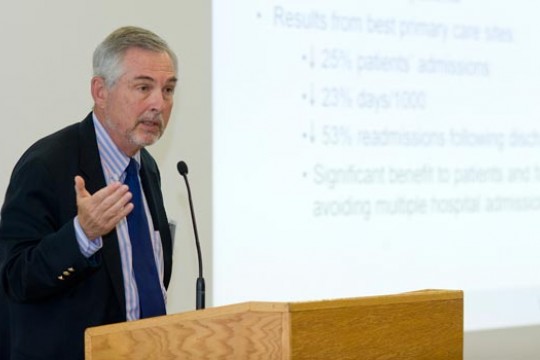 Person giving speech at podium