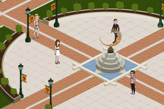 Digital picture of people near fountain