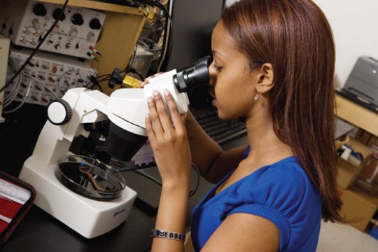 Person using microscope