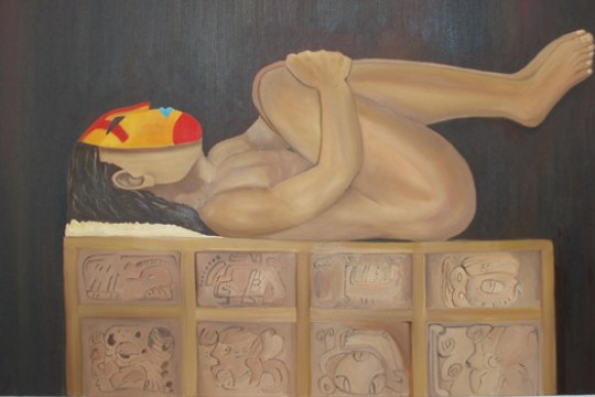 Art of person with mask on block