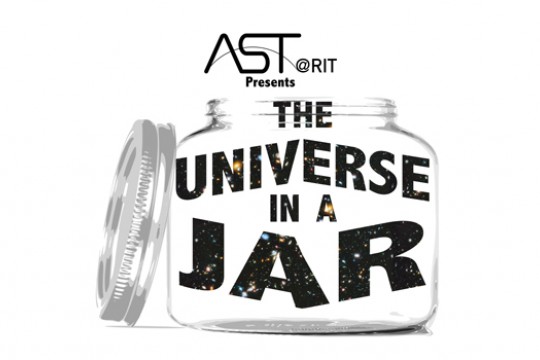 graphic of a jar with the words A S T at R I T presents, the universe in a jar.