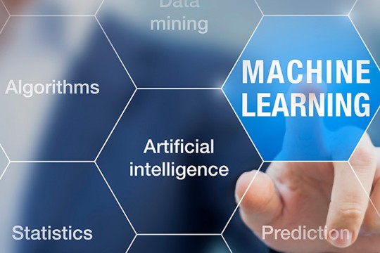 A graphic showing a hexagonal pattern with different phrases such as "statistics," "artificial intelligence," "algorithms" and "data mining." A hand is shown pointing at and touching one hexagon that reads "machine learning."