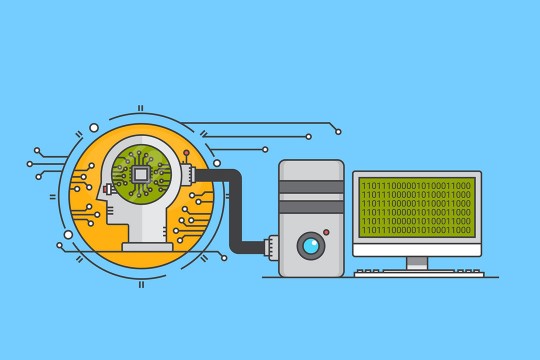 Illustration of robotic looking head connected to a computer displaying 1s and 0s.