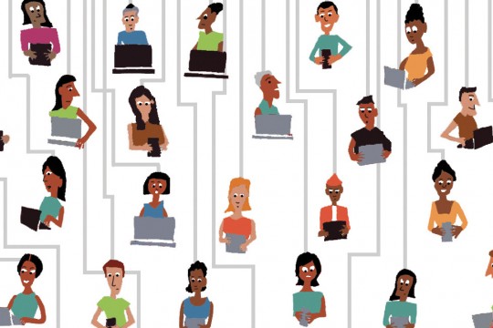 Cartoon drawing of people of different races and genders looking at computers, laptos and tablets