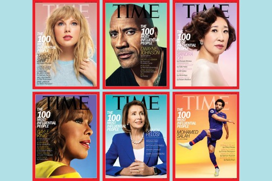 Collection of six Time magazine covers featured Taylor Swift, Dwayne Johnson, Sandra Oh, Gayle King, Nancy Pelosi and Mohamed Salah.