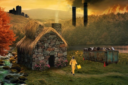 Illustration of dystopian, polluted landscape.