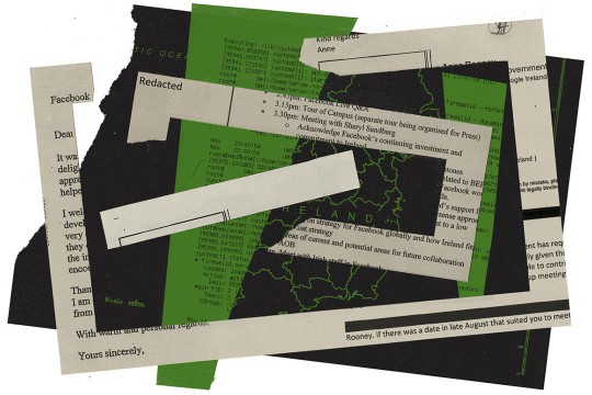 Pieces of paper with redacted information and map of Ireland.