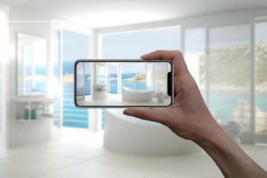 Smart phone taking photo of bathroom