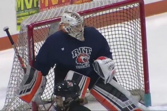 Goalie guarding goal.