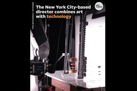 Components of hamburger fall into place while being recorded for a commercial.