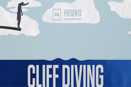 Graphc drawing of man on diving board with the words "E60 Presents Cliff Diving"