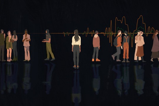 illustration of woman standing in middle of two groups: one speaking and one signing.