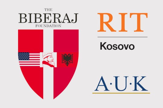 logos for the Biberaj Foundation, RIT Kosovo and AUK.