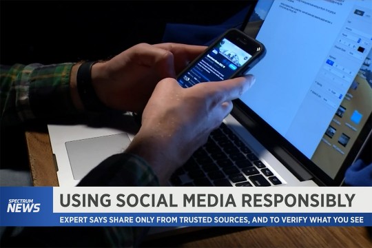 screenshot from news broadcast of person using a smartphone and laption with graphic that reads: Using social media responsibly.