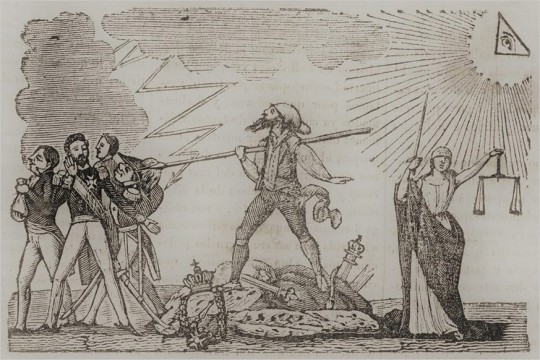drawing of man holding spear standing on top of pile of royal garments while woman depicting Justice stands to the side.