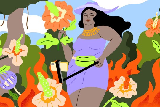 painting of woman surrounded by tropical flowers using a selfie stick.