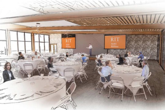 artist rendering of a conference space with several banquet tables.