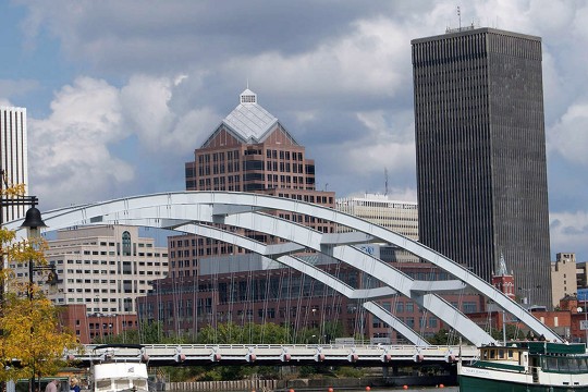 office buildings and arch bridge in Rochester.