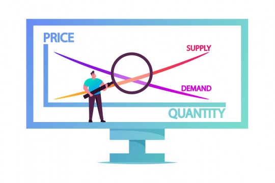 graphic showing a person holding a magnifier up to the intersection of supply and demand on a chart.