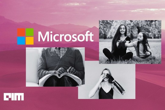 Microsoft logo and three black and white photos of people with disabilities. 