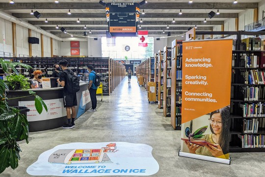 ice arena converted into a temporary library space.