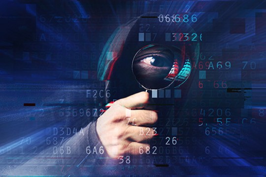 Graphic showing person looking through a magnifying glass.