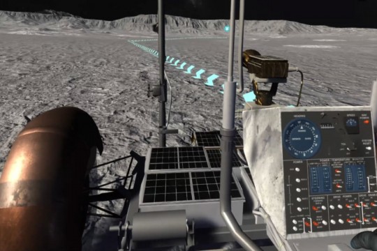 screenshot of virtual reality game of a rover on the moon.