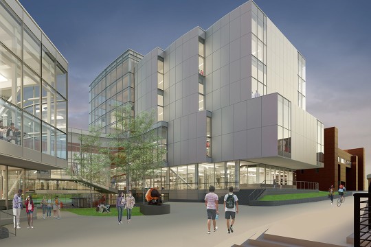 artist rendering of a multi-story glass building.