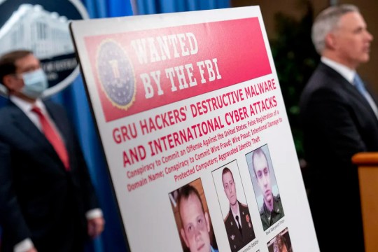 poster that reads: wanted by the FBI, GRU hackers' destructive malware and international cyber attacks.