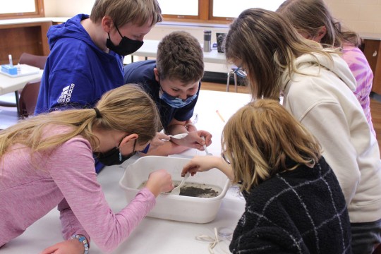 six middle-school students examining a dishpan of water from a creek.