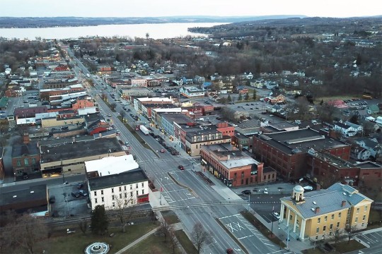aerial view of main road and buildings in Ontario County, N.Y.