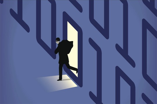 illustration of thief exiting a number zero in a line of zeros and ones.