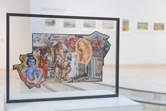 multimedia artwork depicting religious and cultural references and an ear.