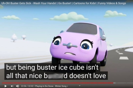 YouTube clip of a car cartoon with incorrect captioning that reads: But being buster ice cube isn't all the nice bastard doesn't love.