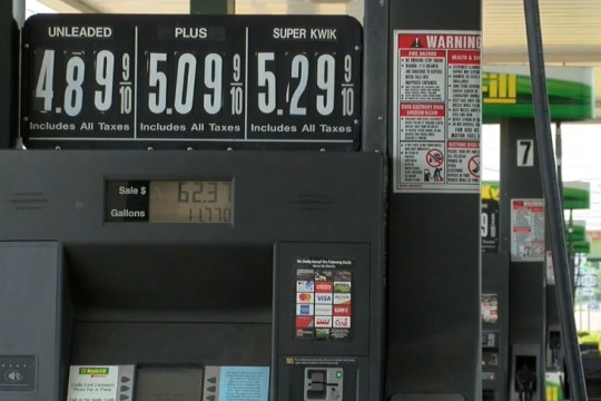 gas pump with signs for unleaded at 4.89, plus at 5.09, and super kwik at 5.29.