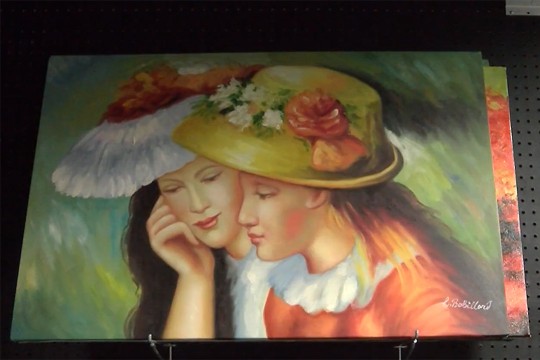 a painting of two women wearing decorative hats.