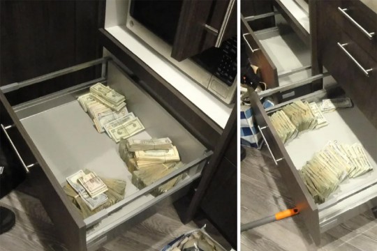 side by side images of two drawers with stacks of money in them.