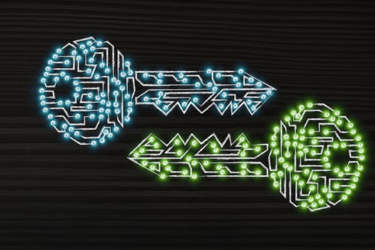Two digital keys, blue and green.