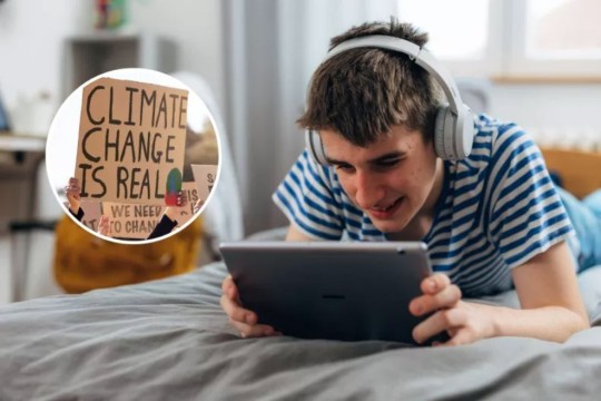 a teen boy watching videos on a tablet and, in an inset image, a sign from a protest that reads, climate change is real.