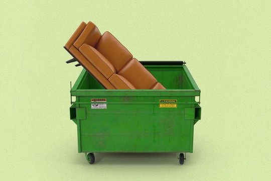 illustration of a brown sofa in a green dumpster.