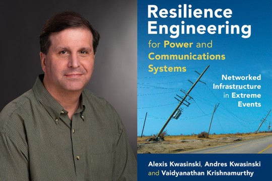 A headshot of RIT professor Andres Kwasinski alongside a cover of a book that he wrote with blue and a photo of power lines.