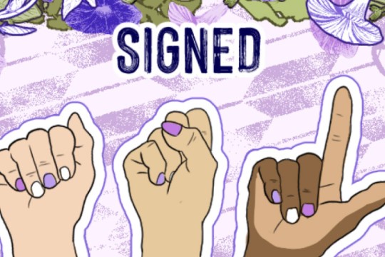 an illustration of hands making the ASL letter signs appear on a purple floral background.